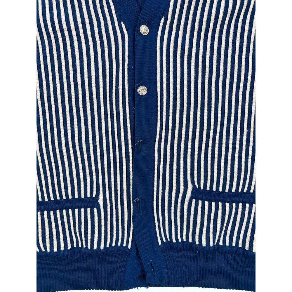 Vintage Beston Blue White Striped Cardigan Sweater V-Neck Button Front Mens M